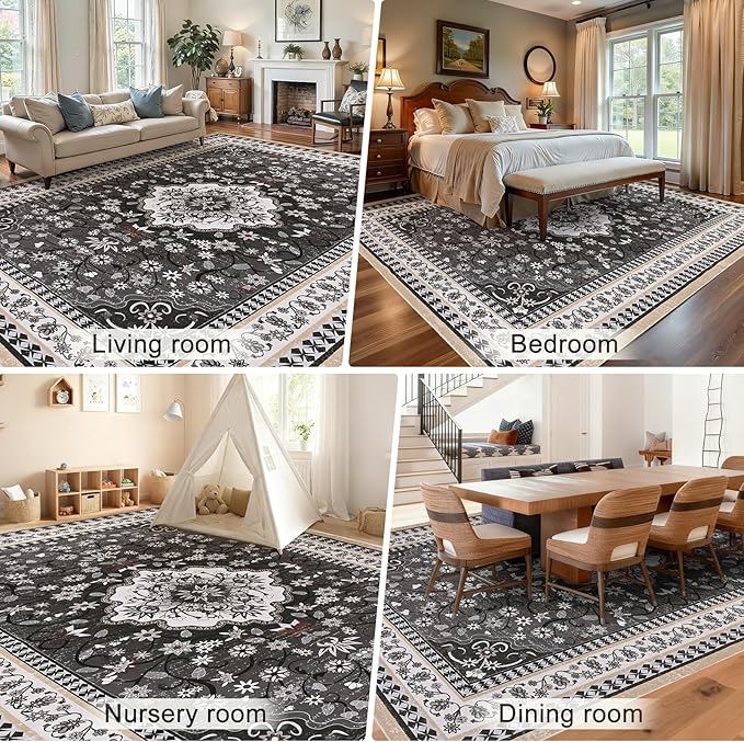 Luxury 8' x 10' Black Washable Area Rugs, Boho Low Pile Easy Clean Non-Slip Rug, Floral Medallion Pattern Vintage Rugs for Living Room, Dinning Room, Office, Bedroom, Bathroom, Laundry Room, Farmhouse