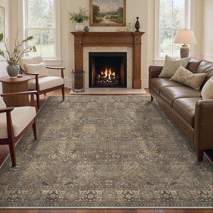 Bavni Washable Rugs 8x10-Machine Washable Rug Lightweight Low Pile, Vintage Floral Rug Non-Shedding Distressed Throw Carpet for Living Room Bedroom Office, Brown