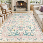 Lahome Large Rugs for Living Room, Boho Machine Washable 8x10 Area Rugs Girls Bedroom Decor, Ultra-Thin Soft Distressed Floral Carpets Non Slip for Office Dining Room, Pink/Multi