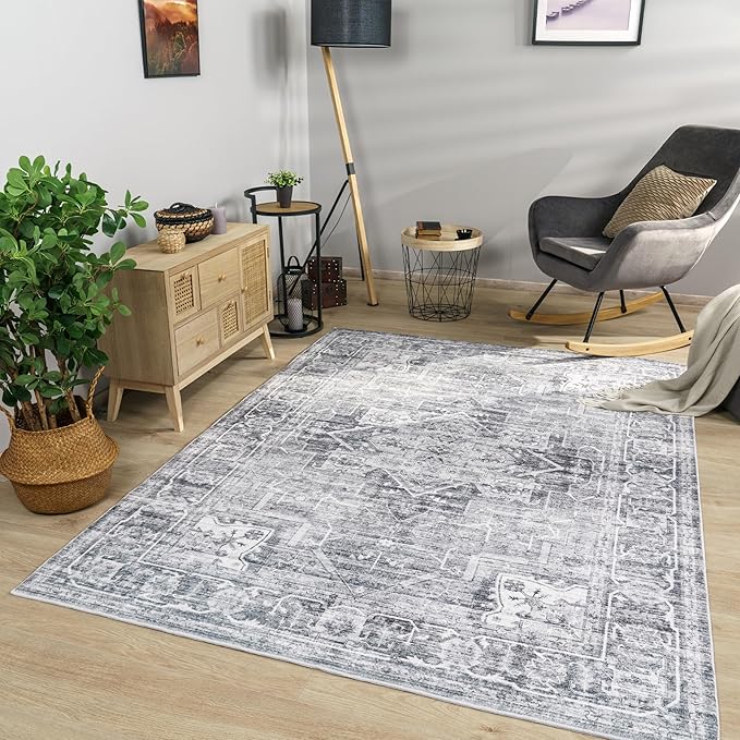 Paco Home Area Rug Modern Oriental Design in Vintage Look in Grey, Size: 5'3" x 7'3"