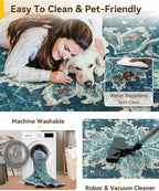 Area Rugs 2'6''x14' Washable Non-Slip, Floral Vintage Distress Print Pattern Medallion Carpet for Living Room Bedroom Dining Room, Teal Green Lake Blue Turquoise