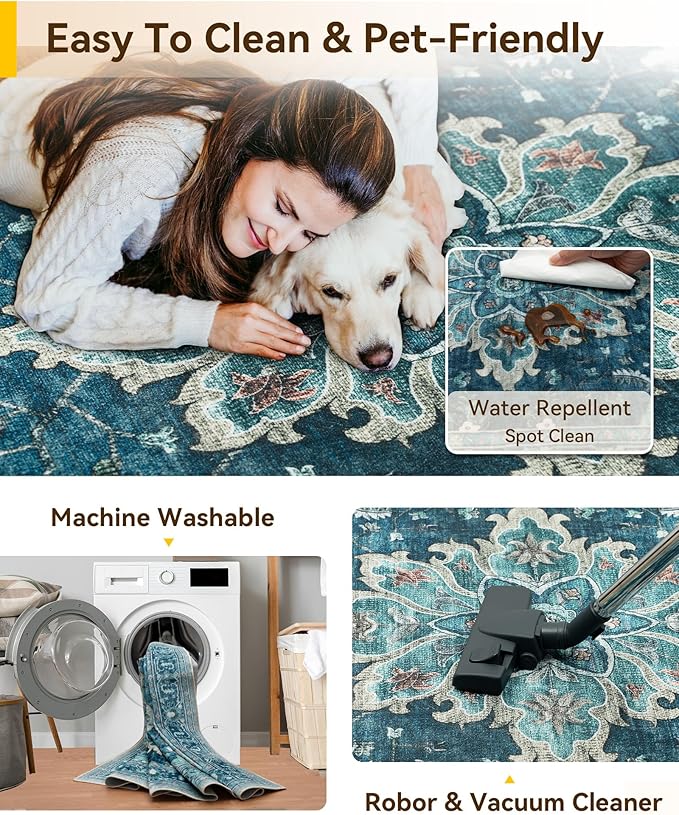 Area Rugs 3'x6' Washable Non-Slip, Floral Vintage Distress Print Pattern Medallion Carpet for Living Room Bedroom Dining Room, Teal Green Lake Blue Turquoise