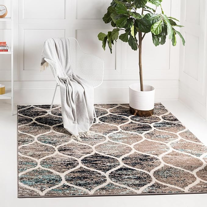 Rugs.com Lattice Frieze Collection Rug – 5' Square Blue Multi Medium Rug Perfect for Living Rooms, Kitchens, Entryways