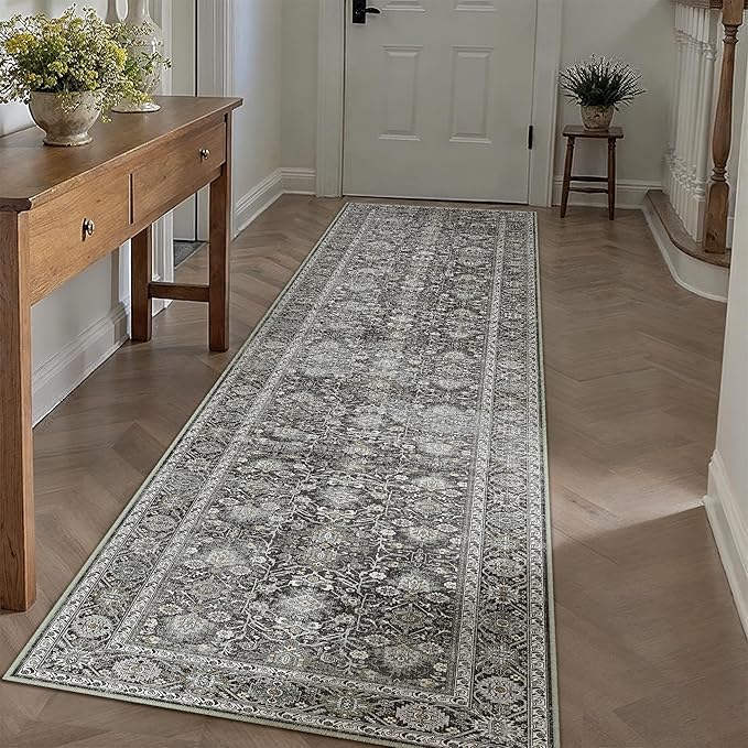 Black Runner Rug 2'6"x14' Vintage Area Carpet Hallway Long Indoor Kitchen Washable Living Room Low Pile Traditional Distressed Retro Accent Rug Non Slip Laundry Bathroom Office Dining Room