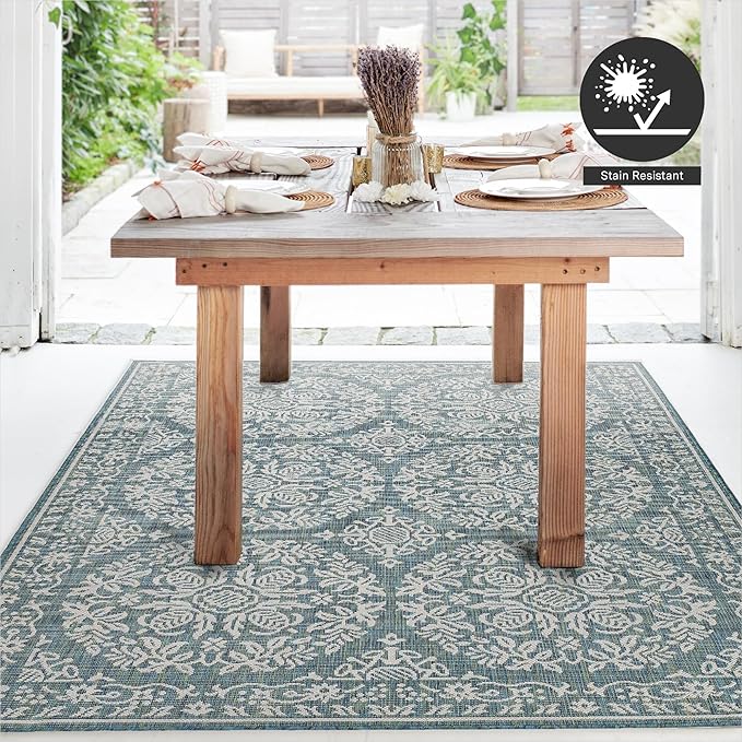 FH Home Flat Woven Outdoor Rug - Waterproof, Easy to Clean, Stain Resistant - Premium Polypropylene Yarn - Persian Farmhouse - Large Patio, Deck, Sunroom - Marbella - Ocean - 7ft 10 in x 10ft 9in
