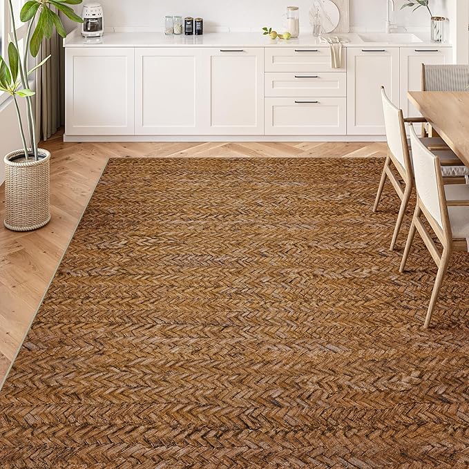 Eleisa Modern Vintage 9x12 Herringbone Chevron Area Rug, Non-Slip Stain Resistant Washable Rug, Brown Large Rug for Living Room, Farmhouse Carpet for Bedroom, Kitchen, Dining Room, Home Office