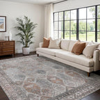 Bavni Washable Rug 5x7 Area Rug for Living Room Bedroom Dining, Washable Vintage Print Carpet, Ultra-Thin Chenille Low Pile Lightweight Rug with Non Slip Backing, Retro Grey