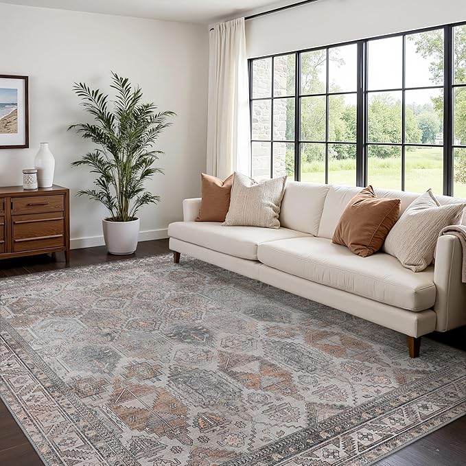 Bavni Washable Rug 3x5 Area Rug for Living Room Bedroom Dining, Washable Vintage Print Carpet, Ultra-Thin Chenille Low Pile Lightweight Rug with Non Slip Backing, Retro Grey