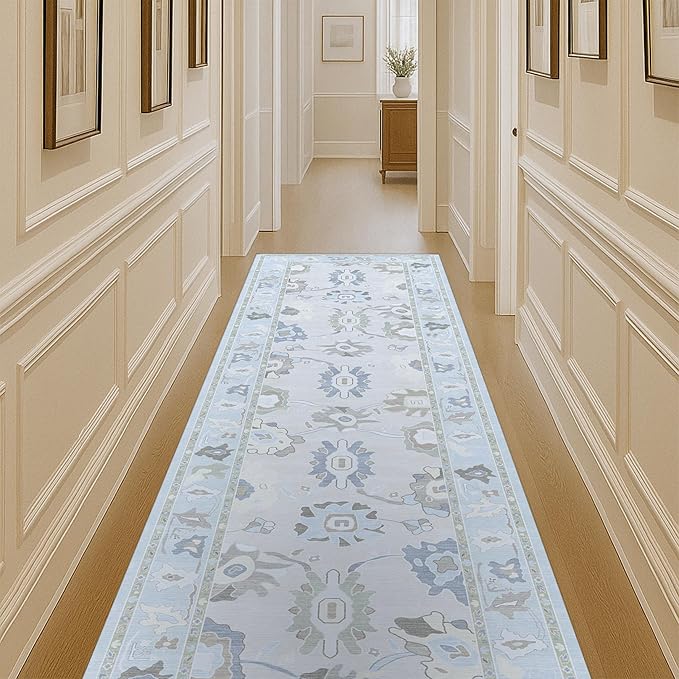 Fame Living Cream Blue Oushak Rug, Modern Rugs, Vintage, Turkish, Eclectic, Floral, Pastel, Washable, Small Throw, Accent Area Rug for Living Room, Bedroom, Kitchen, Bathroom, 2'5"x4'9"