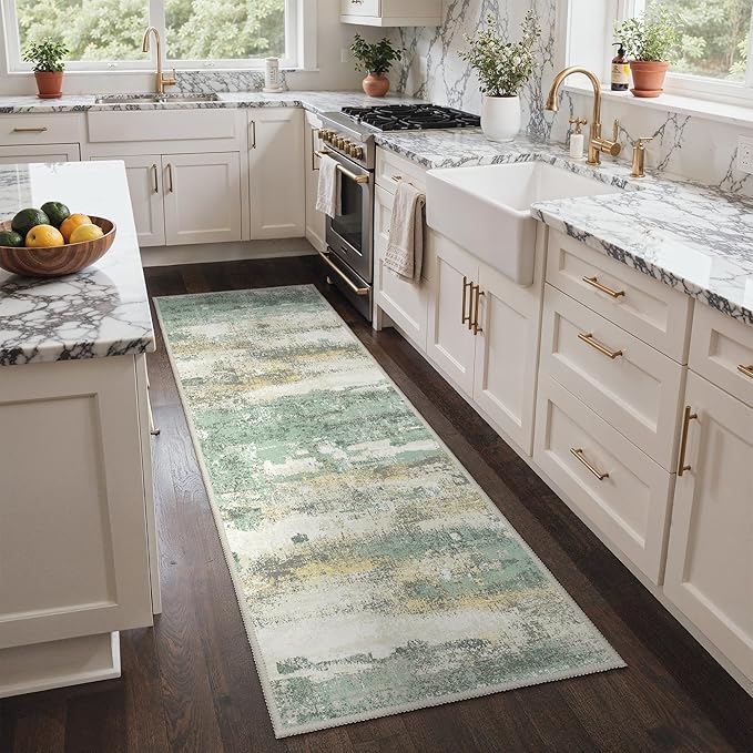 GENIMO Runner Rug Non Slip 2'6"x8', Washable Rug Runner for Hallways Kitchen, Abstract Modern Kitchen Rugs, Low Pile Lightweight Carpet Runners for Entryway, Bedroom, Laundry, Light Green
