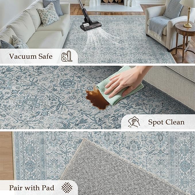 Area Rug 5x7 Blue Washable Living Room Carpet Soft Non Slip Vintage Bedroom Indoor Office Traditional Retro Distressed Thicker Throw Large Rug for Dining Room Bathroom Kitchen