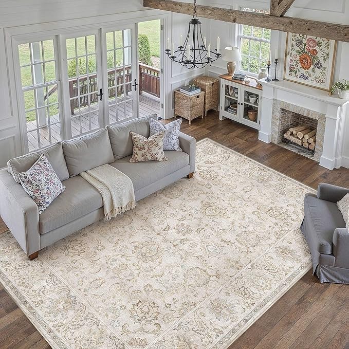 HUGEAR 8x10 Machine Washable Area Rugs Vintage Grey - Neutral Living Room Bedroom Rug Non Slip Stain Resistant Low Pile Aesthetic Throw Carpet Kids & Pet Friendly