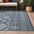 Beverly Rug Waikiki Boho Indoor Outdoor Rug 6x9, Washable Outside Carpet for Patio, Deck, Porch, Bohemian Area Rug, Farmhouse Rugs, Aztec Tribal Rug, Azure and White