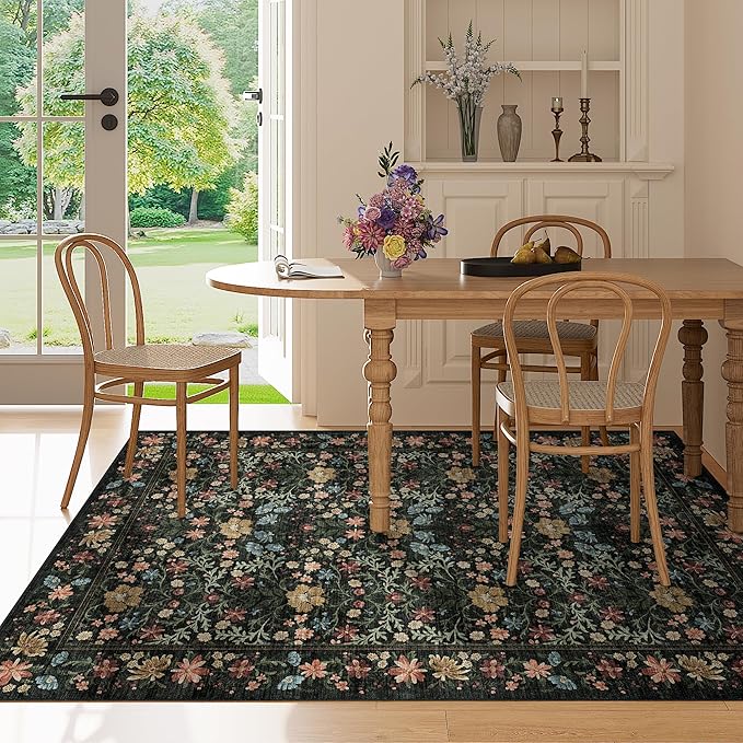 DUKINO 4x6 Rugs for Living Room, Lightweight Non Slip Washable Rug with Low Pile Design, Vintage Floral Non-Shedding Soft Carpet for Living Room, Bedroom, Farmhouse, Office, Bathroom, Black