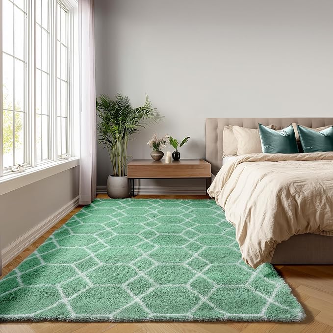 ONASAR Area Rugs for Bedroom Living Room, Washable 4x6 Fluffy Sage Green and White Throw Rug, Shaggy Geometric Floor Mat for Home Decor Aesthetic, Soft Plush Fuzzy Carpet for Nursery Kids Teen Dorm