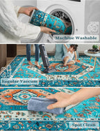 SERISSA Boho Washable Runner Rug, 2'6"x10' Rug Runner Non-Slip Vintage Blue Hallway Kitchen Runner Rug Ultra Soft Print Distressed Tribal Floor Carpet Runner for Bedroom Bathroom Laundry Room
