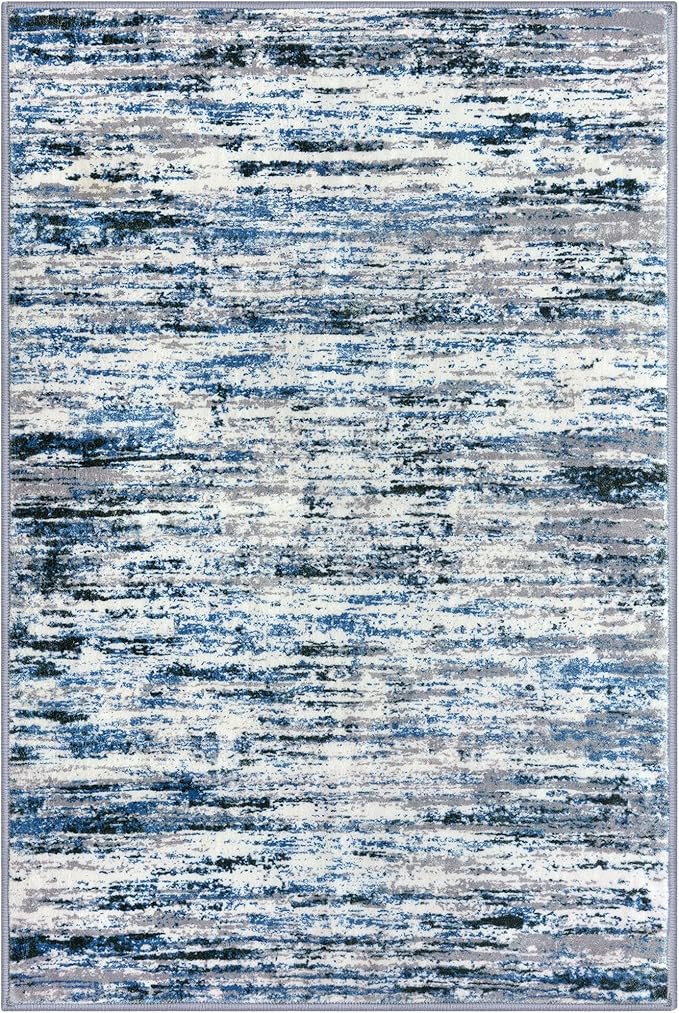 Modern Abstract 6x9 Machine Washable Living Room Rug Non-Slip Soft Bedroom Area Rug Grey Blue White Thin Print Faux Wool Floor Carpet Throw Rugs for Nursery Playroom Dining Room Indoor