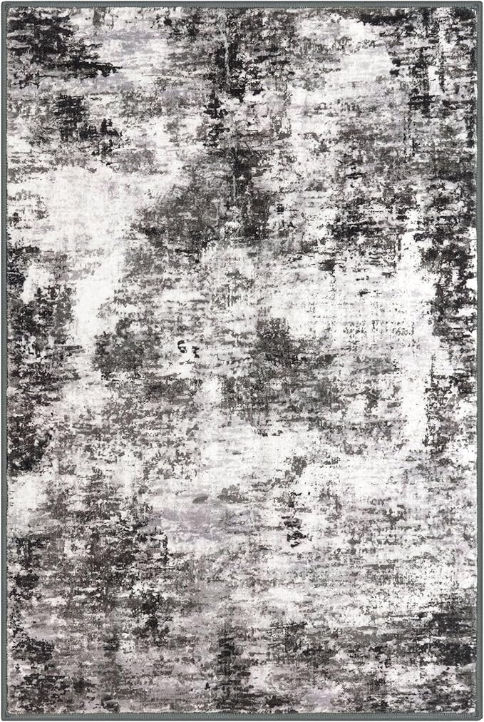 Modern Abstract Entryway Rug Indoor 2x3 Washable Non-Slip Soft Black Grey Small Area Rug Kitchen Mat Thin Print Faux Wool Floor Carpet for Entrance Bedroom Office