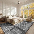 10x14 Washable Area Rugs for Living Room, Black Vintage Boho Large Rug for Bedroom Dining Room Office, Distressed Floral Floor Carpet Soft Non Slip Low Pile Farmhouse Indoor Mat