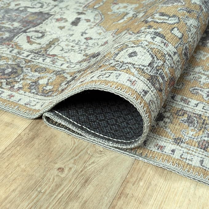 Bloom Rugs Washable Non-Slip 12 ft Runner - Yellow Traditional Medallion Runner for Entryway, Hallway, Bathroom, and Kitchen - Exact Size: 2.5' x 12'