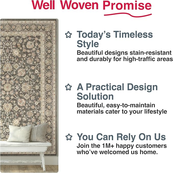 Well Woven Asha Rome Charcoal Brown 5'3" x 7'3" Area Rug - Oriental Floral Pattern, Easy Clean, Floor-Friendly Backing - for Living Room, Bedroom, and Dining Room