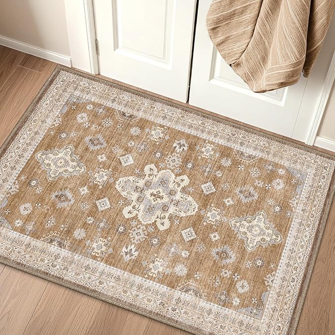 LUMI Indoor Thin Door Mat, 18x30 Washable Small Inside Doormat, Non Slip Low Pile Oriental Floor Carpet, Vintage Distressed Area Rug for Front Door,Entrance,Bedroom, Amber