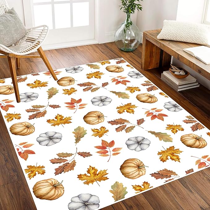 Pumpkin Area Rug, 5x6ft, Fun Vibrant Autumn Harvest Fallen Leaves Pumpkin Plant White Fall Porch Rug, Sturdy Non Slip Easy-Washing Fall Decorations for Home Bedroom