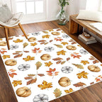Pumpkin Area Rug, 5x7ft, Fun Vibrant Autumn Harvest Fallen Leaves Pumpkin Plant White Fall Porch Rug, Sturdy Non Slip Easy-Washing Fall Decorations for Home Bedroom