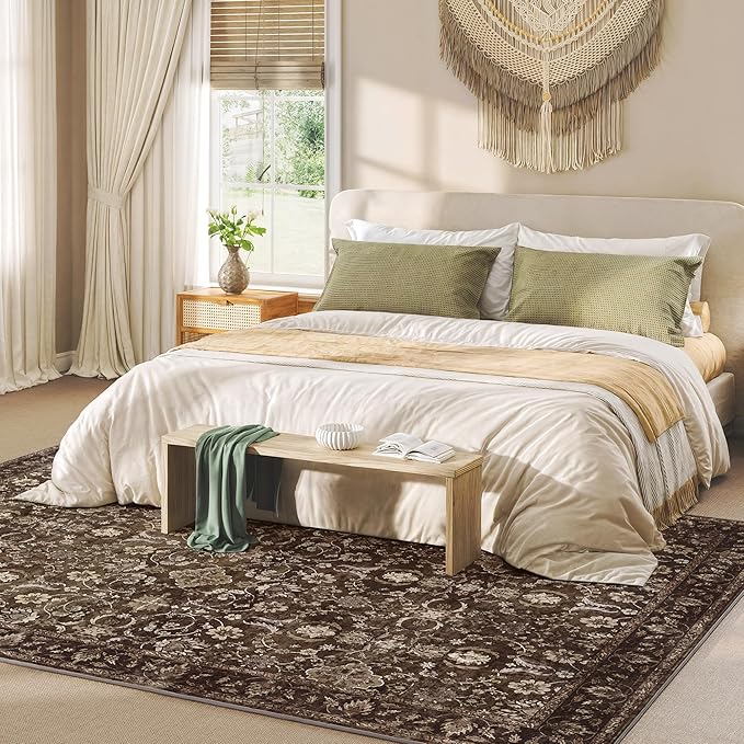 5X7 Area Rugs for Living Room, Soft Rugs Brown Washable Rug, Indoor Vintage Rugs for Bedroom Home Office Laundry, Rubber Backed Non Slip Low Pile Carpet, Dark Brown