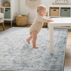 Light Blue 6x9 Area Rug Machine Washable for Living Room, Distressed Non Slip Rugs for Bedroom, Traditional Indoor Retro Floral Accent Vintage Carpet for Office Dining Room, Dorm