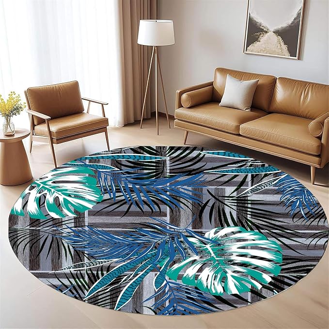 Round Area Rug 6ft - Abstract Palm Leaf Pattern, Non-Slip Machine Washable Low Pile Carpet for Bathroom, Living Room, Bedroom, Entryway, Durable Indoor Floor Mat