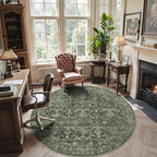 6ft Round Washable Area Rugs for Living Room, Vintage Boho Large Rug for Bedroom Dining Room Office, Distressed Floral Print Carpet for Under Table, Soft Non Slip Low Pile Throw Indoor Mat, Green