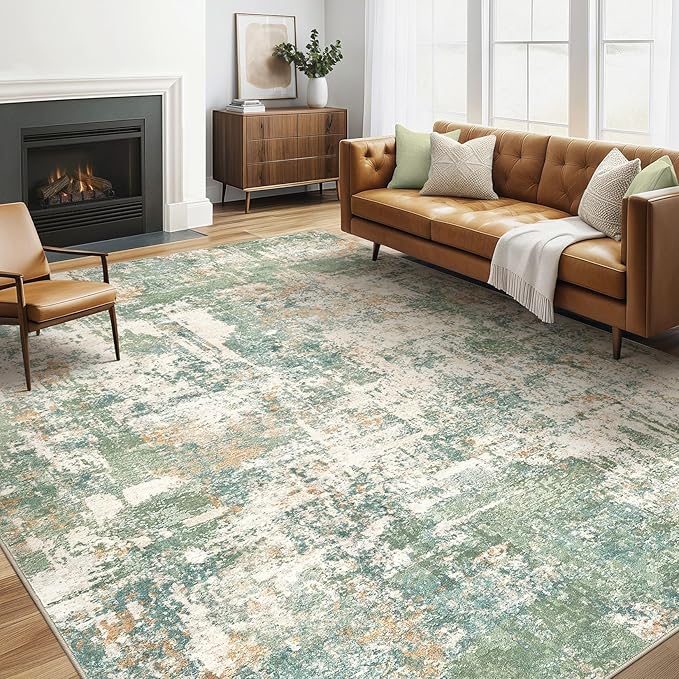 6x8 Area Rug Living Room: Washable Large Abstract Soft Green Rug Stain Resistant Indoor Floor Non-Slip Accent Carpet for Men Modern Home Enthusiasts Aged 25-45 - Bedroom Office Playroom