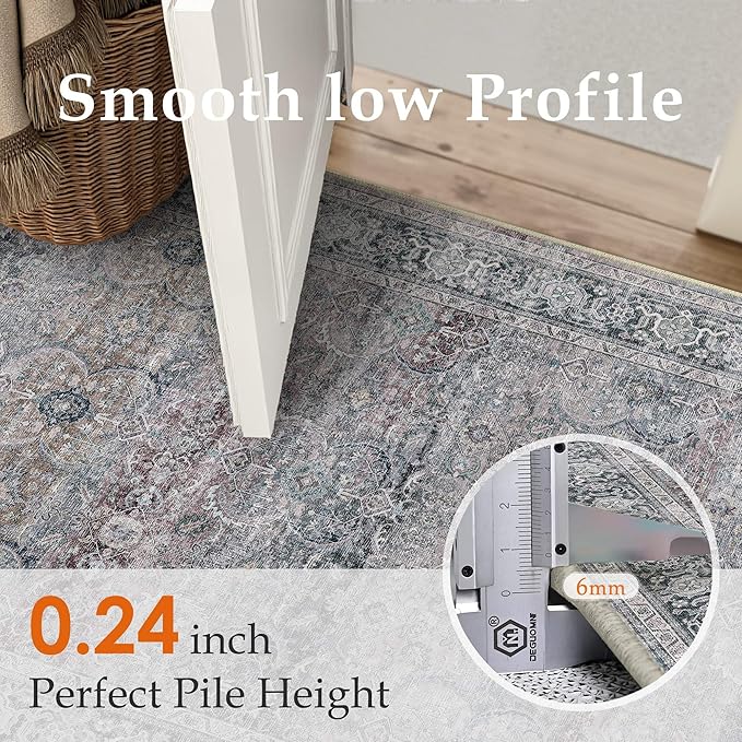 HUGEAR 2x3 Washable Area Rug Purple Small Entryway Rug Non Slip Vintage Neutral Distressed Carpet Soft Low Pile Pet Friendly for Bathroom Kitchen Hallway Porch