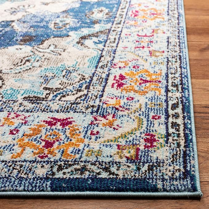 SAFAVIEH Monaco Collection Area Rug - 3' Square, Navy & Light Blue, Boho Chic Medallion Distressed Design, Non-Shedding & Easy Care, Ideal for High Traffic Areas in Living Room, Bedroom (MNC243N)
