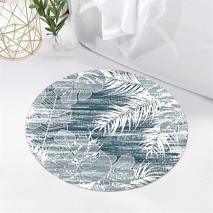 Washable Round Rug 4ft - Blue Tropical Botanical Pattern, Non-Slip Low Pile No Shedding Carpet, Soft Flannel Feel Rug for Living Room, Bedroom, Bathroom，Indoor Use
