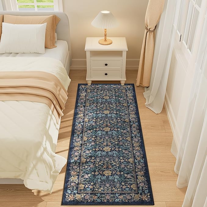 DUKINO 2x5 Washable Runner Rug, Floral Non Slip Bathroom Rugs with Soft Low Pile Design, Lightweight Non-Shedding Carpet Runner for Bathroom, Kitchen, Hallway, Bedroom, Laundry, Dark Blue