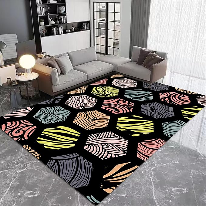 Large Living Room Area Rug 5x6ft,Modern Geometric Rugs, Multicolor Low Pile Farmhouse Carpet, Machine Washable & Non-Slip Non-Shedding for Classroom, Bedroom & Dorm