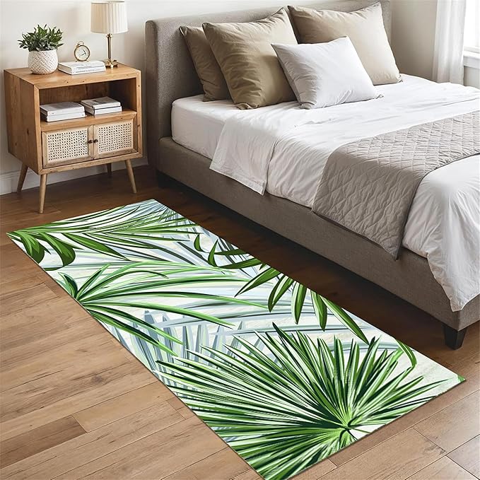 Hall Runner Rug 1.3x7 ft Non-Slip - Tropical Palm Leaves Design in Emerald Green - Easy Clean Washable Carpet for Hallway, Entryway, Bedroom - Durable Floor Decor