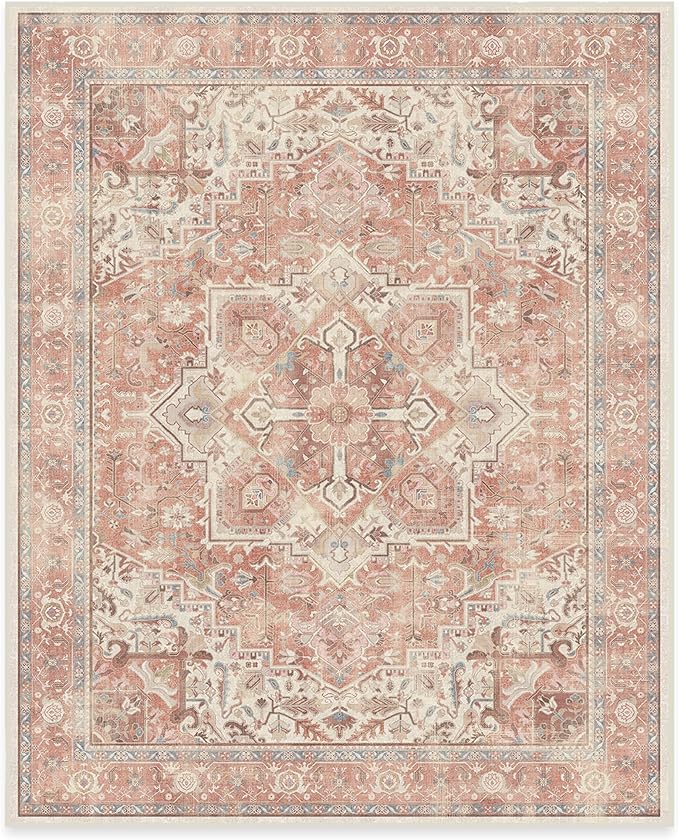 RUGGABLE Washable Area Rug – Kamran Rose Pink 8x10, Stain-Resistant, Non-Slip – Large Machine Washable Rugs for Living Room, Bedroom, Hallway, Entryway & Office–with Cushioned Pad