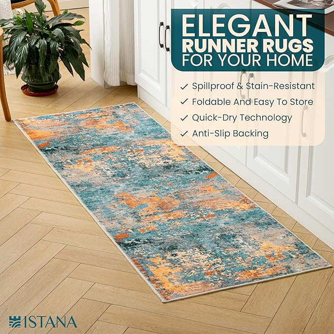 Istana Hallway Runner Rug 2x6 - Multi/Blue Kitchen Rugs Non Slip Washable -Silk's Soft Touch Carpet Runner - Stylish Rug Runner for Home