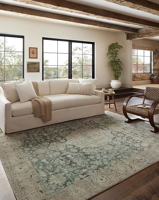 Loloi Magnolia Home by Joanna Gaines Sinclair Collection SIN-05 Jade/Sand 8'-6" x 11'-6", .25" Pile Height, Machine Washable, Area Rug