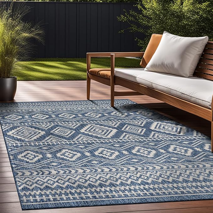 Beverly Rug Waikiki Boho Indoor Outdoor Rug 9x12, Washable Outside Carpet for Patio, Deck, Porch, Bohemian Area Rug, Farmhouse Rugs, Aztec Tribal Rug, Azure and White