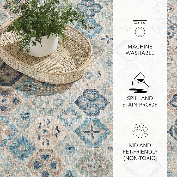 Dash and Albert Pali Machine Washable Area Rug - 6' x 9' Blue - Geometric Accent Rug - Anti-Slip Backing, Lightweight, Machine Washable, High Traffic Areas Kitchen, Mudroom, Laundry Room