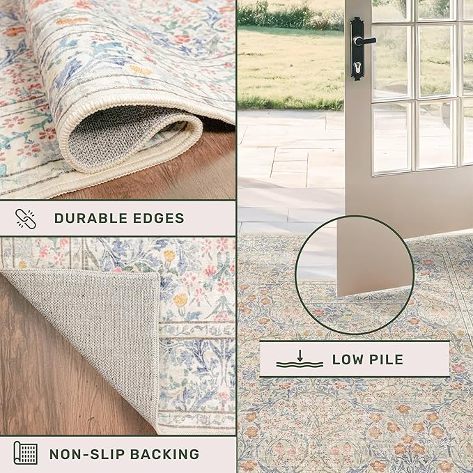 Vintage Washable Beige Blue Area Rugs for Bedroom Under Bed, Living Room, Nursery, Kitchen, Entryway, Low Pile Non Slip Stain Resistance Distressed Retro Indoor (Beige Blue, 4 x 6)