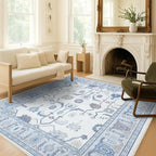 Fame Living Cream Blue Oushak Runner Rug, Modern Runners, Turkish, Eclectic, Floral, Pastel, Washable, Small Throw Rugs, Short Runner for Hallway, Laundry, Foyer, Bedroom, Kitchen, Bathroom, 2'5"x6'5"