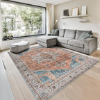 GLN Rugs Traditional Collection - Machine Washable Area Rug, Traditional Washable, Non Slip, Low Pile Chenille Rug, Living Room, Bedroom, Kitchen Rug (8' x 10' Terra/Multicolor)