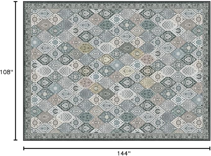 Phantoscope Washable Area Rug 9'x12' Non-Slip, Vintage Boho Rugs for Living Room, Bedroom, Dining Room, Distressed Moroccan Mosaic Diamond Pattern, Low-Pile Foldable Floor Carpet, Grey Charcoal