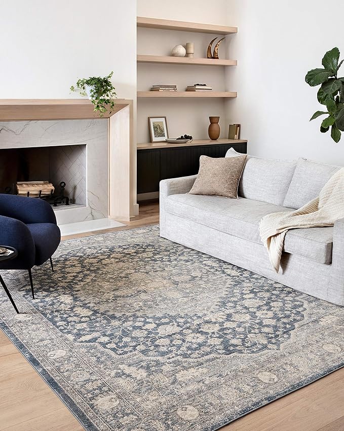 Loloi Teagan Collection TEA-01 Denim/Mist 6'-7" x 9'-2" Area Rug, Large, Soft Neutral Rug, High-Traffic for Living Room, Bedroom, Home Office, Dining Area