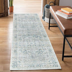 Bloom Rugs Washable Non-Slip 10 ft Runner - Cream/Light Blue/Teal Traditional Medallion Runner for Entryway, Hallway, Bathroom, and Kitchen - Exact Size: 2.5' x 10'